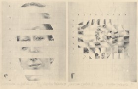Czarno-biała grafika, format poziomego prostokąta. Na kartce dwie kompozycje, jedna obok drugiej - realistyczne portrety kobiety poddane modyfikacjom. Oba są naniesione na papier w kratkę, trochę jak w zeszycie. Na lewym twarz jest pocięta na poziome pasy 