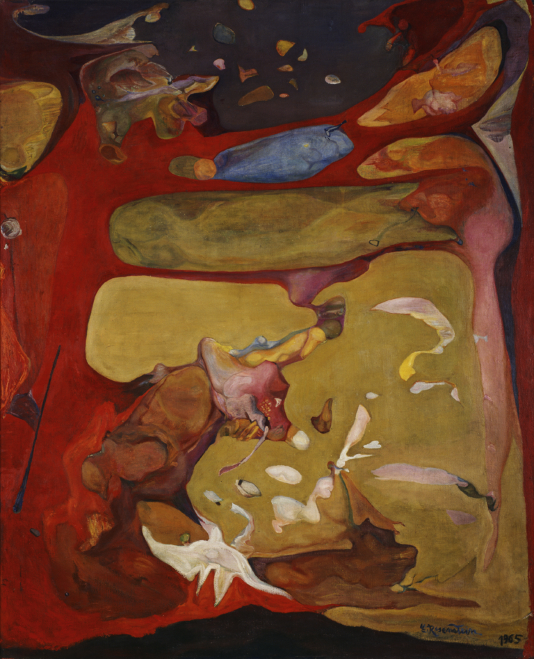 Abstrakcyjny obraz w kolorach ziemi. Sprawia wrażenie warstwowego. Na czerwonym tle kilka dużych, obłych, jasnobrązowych kształtów ciasno – jeden przy drugim; na nich kilka kremowych plam. Nad całością kompozycji intensywnie niebieska plama.