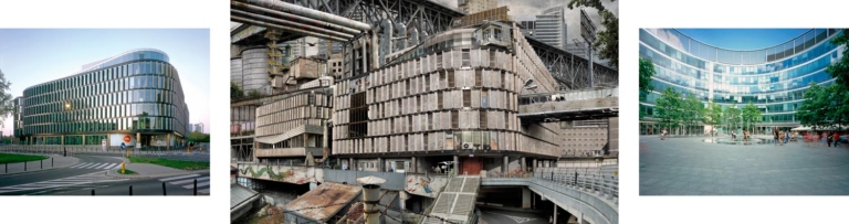 5ee5d17b3e3be Zdjęcie. Industrialny pejzaż. Nowoczesny a zniszczony i opuszczony budynek z mnóstwem zardzewiałych rur. Nad nim most. W tle wielkie miasto.
