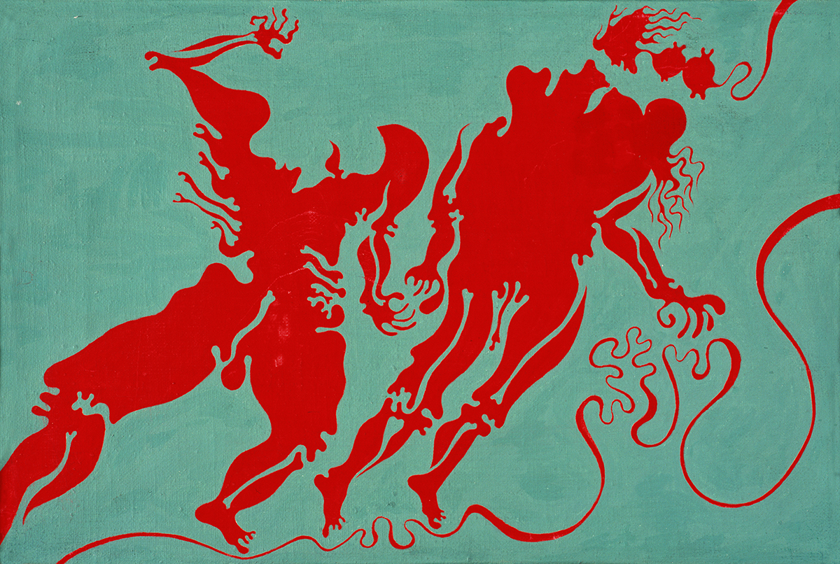 Na turkusowym tle dwie, abstrakcyjne sylwetki. Jedna prowadzi drugą za rękę