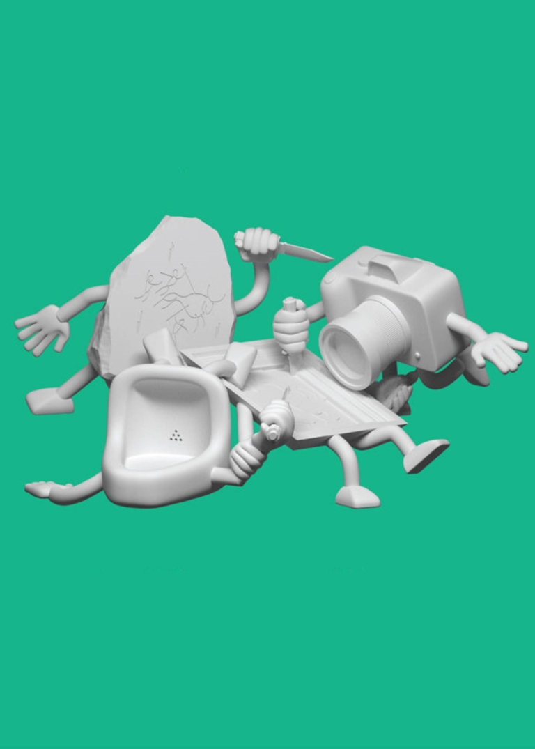 Na zielonym tle 4 postacie jakby z kreskówki: aparat fotograficzny, obraz, kamienna rzeźba i pisuar. Wszystkie mają ręce in nogi i walczą między sobą