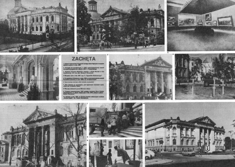 6061ae8c2e239 Kolaż czarno-białych wycinków prasowych, pokazujących gmach Zachęty od 1939 roku