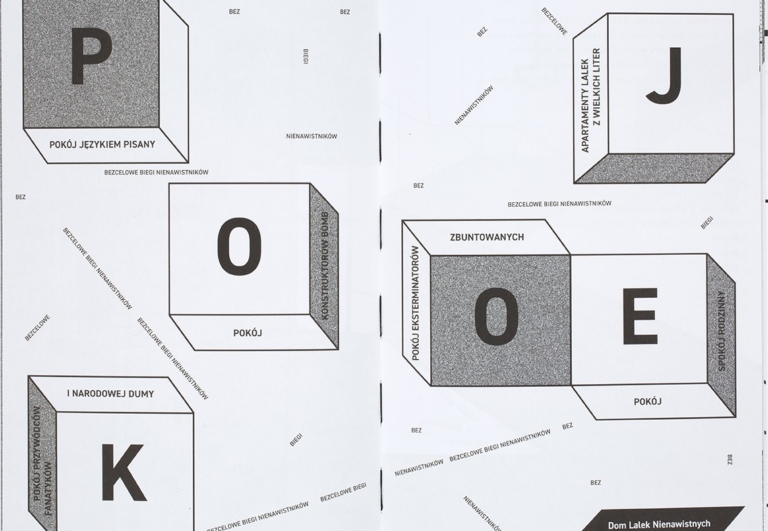 5eecb13446d41 Grafika: na środku przerywana pionowa linia, wokół niej 5 sześcianów, 3 widoczne w całości; przy prawym dolnym rogu fragmenty 2 pozostałych; na każdym z sześcianów litery: P, O, J i dwie nie do rozpoznania (widoczne w części).