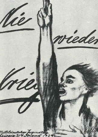 Czarno-biały plakat. Postać szczupłej kobiety w krókich włosach stoi z podniesioną ręką. Na plakacie widnieje hasło po niemiecku - Nugdy więcej wojen!