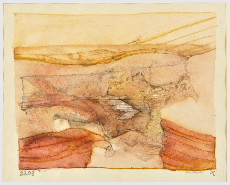 Reprodukcja pracy na papierze. Grafika utrzymana w brązowych odcieniach, sprawia wrażenie rozlewania się plam i linii ołówkiem.