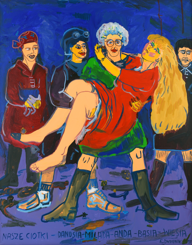 Reprodukcja obrazu. Na niebieskim tle namalowane pięć kobiet. Jedna z nich trzyma drugą na rękach. Poniżej napis m.in. Nasze ciotki.