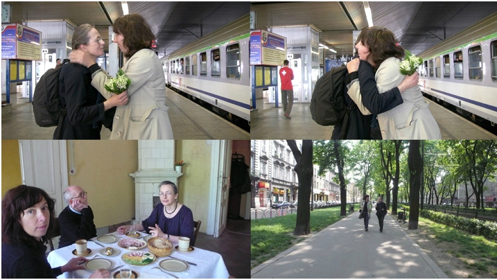Kadr z filmu podzielony na cztery mniejsze. W nich sceny codzienne: przywitanie na dworcu, wspólny posiłek przy stole, spacer w parku.