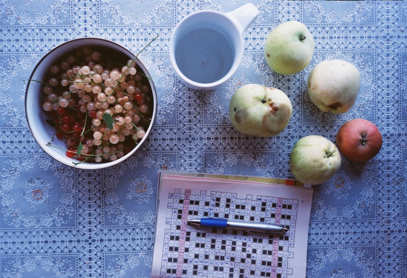 na zdjęciu: stół fotografowany od góry, a na nim miska z porzeczkami, pusty kubek, 5 jabłek i krzyżówka z długopisem