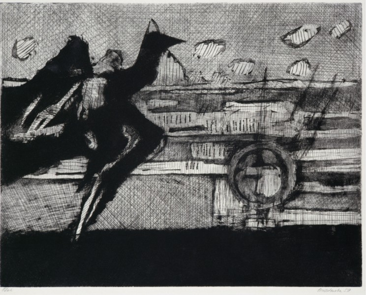 czarno-biała grafika, z lewej stronie duży, czarny ptak, na tle schematycznie przedstawionego pejzażu