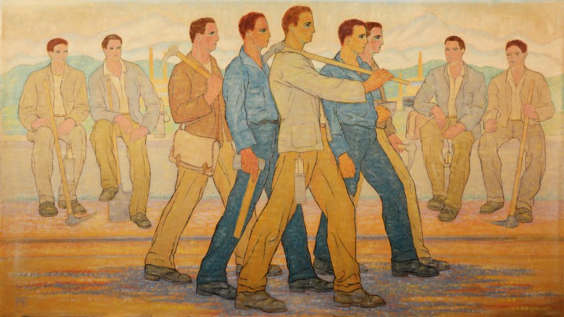 Obraz olejny; grupa młodych mężczyzn w roboczych strojach z narzędziami w rękach. Na pierwszym planie pięciu dumnie kroczy, w tle czterech siedzi i ich obserwuje.