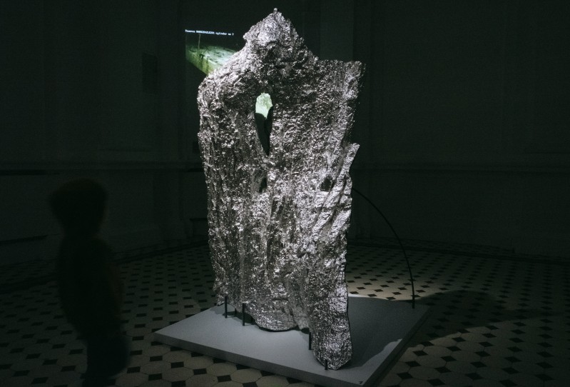 Srebrna rzeźba o organicznym kształcie w przestrzeni galerii.