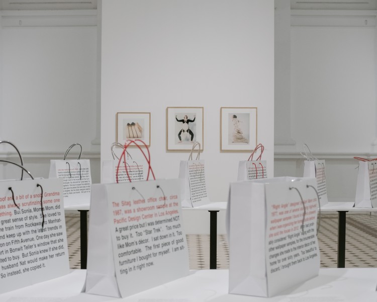 Białe torebki zakupowe z napisami w białej sali wystawowej. W tle ilustracje w ramkach.
