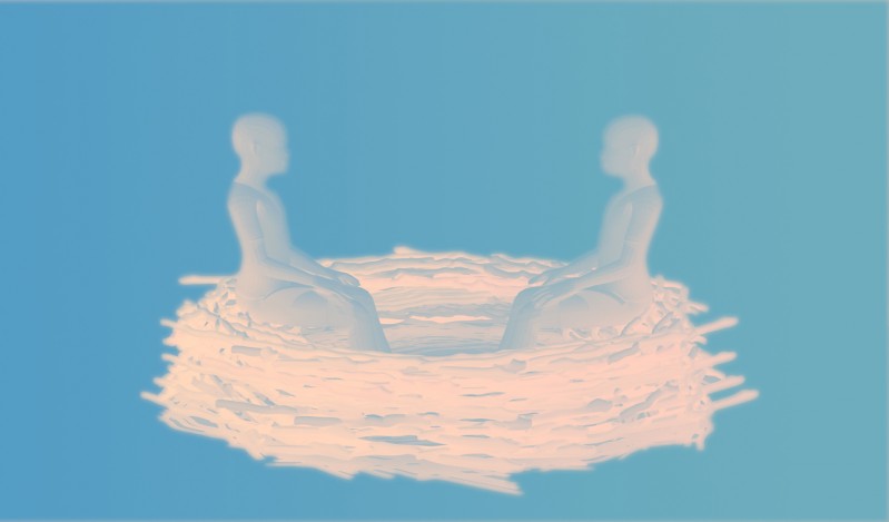 Ilustracja. Dwie białe postaci siedzące w wielkim gnieździe na niebieskim tle