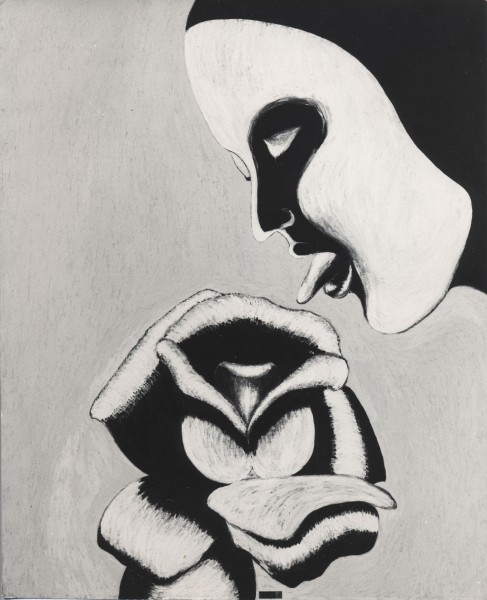 Czarno-biała praca malarska, portret kobiety w profilu. Wyciąga język by polizać kwiat róży