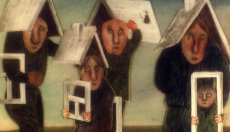 Kadr z animacji, postaci ludzkie przypominające kukiełki trzymają nad głowami daszki domków.