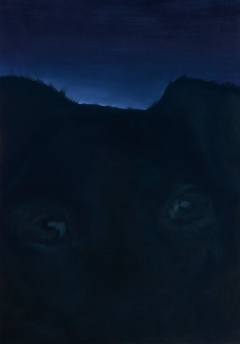 Obraz olejny, zbliżenie fragment pysku czarnego psa, tło ciemno-niebieskie.