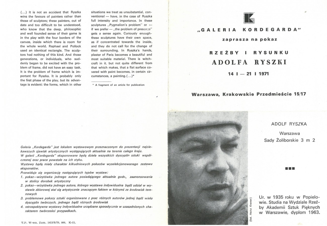 Grafika obiektu: Pokaz rzeźby i rysunku Adolfa Ryszki 14 I – 21 I 1971 