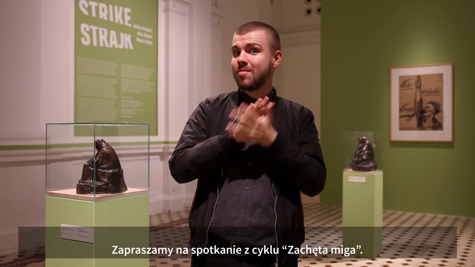 Grafika obiektu: Zachęta miga! Oprowadzenie w polskim  języku migowym po wystawie „Strajk. Käthe Kollwitz, Hito Steyerl, Keren Donde”