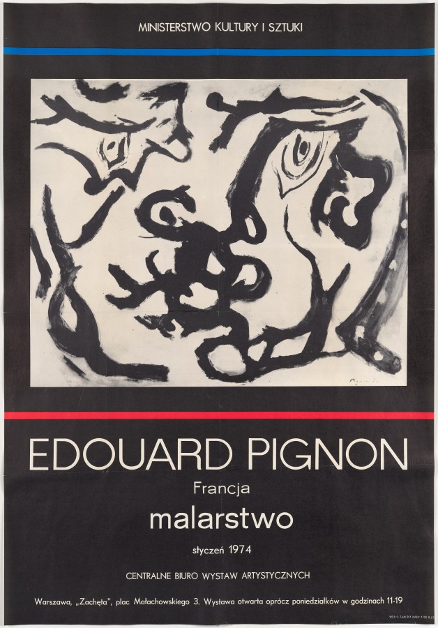 Na czarnym tle duża biało-czarny abstrakcyjny obraz. Pod nim białe napisy, między innymi: Edouard Pignon.
