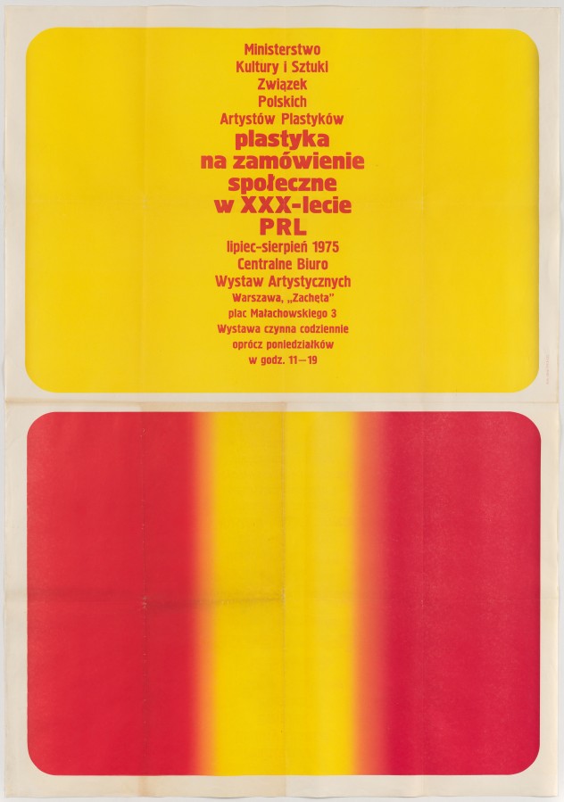 Dwa jednakowej wielkości zaokrąglone prostokąty zajmują większość plakatu. Górny jest żółty z czerwonymi napisami, dolny czerwony z pasem żółtego.