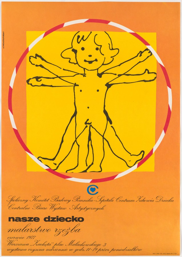 Na pomarańczowym tle żółty kwadrat, a w nim postać dziecka z dwoma parami rąk i nóg - jak człowiek Witruwiański. Wokół biało-czerwone koło.