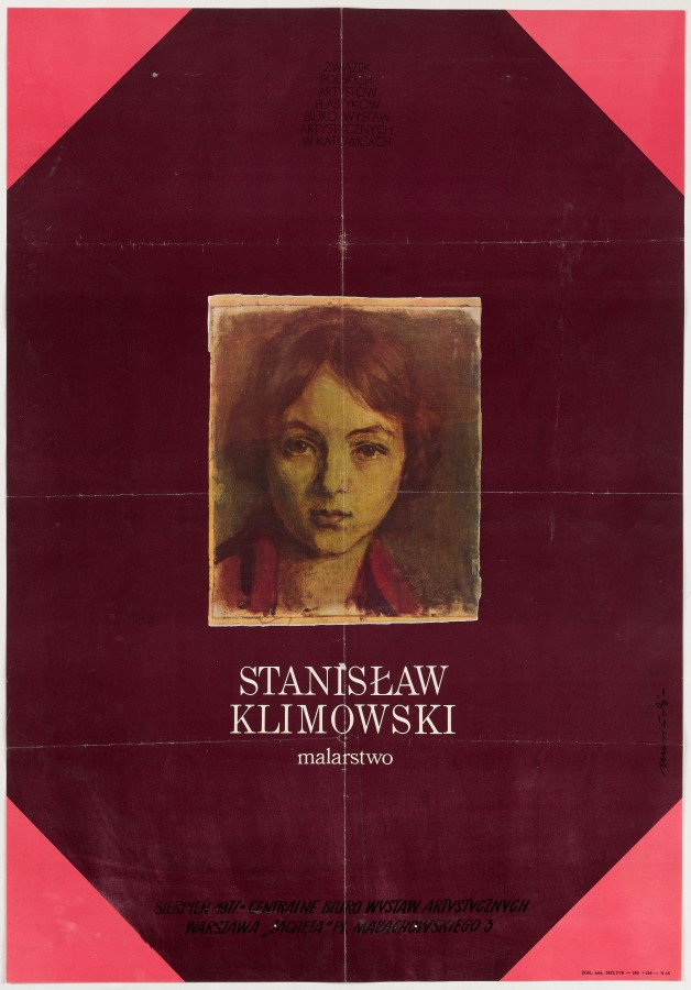 Na brązowym tle nieduża reprodukcja portretu dziewczyny. Poniżej napis: Stanisław Klimowski malarstwo. Na rogach plakatu czerwone trójkąty.