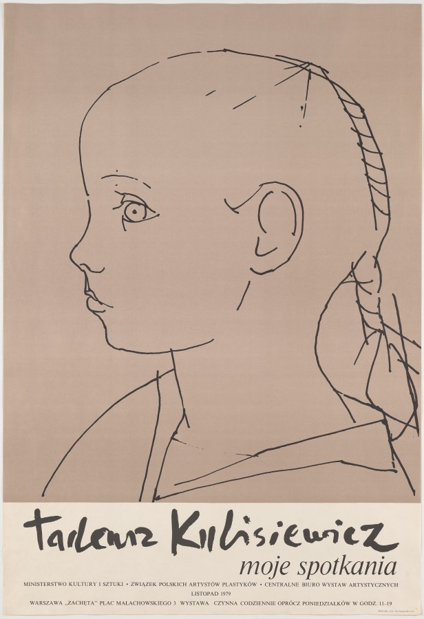 Większą część plakatu zajmuje reprodukcja prostego rysunku tuszem przedstawiającego profil dziecka z warkoczykiem. Poniżej stylizowany na odręczny czarny napis "Tadeusz Kulisiewicz" i mniejsze napisy informacyjne.