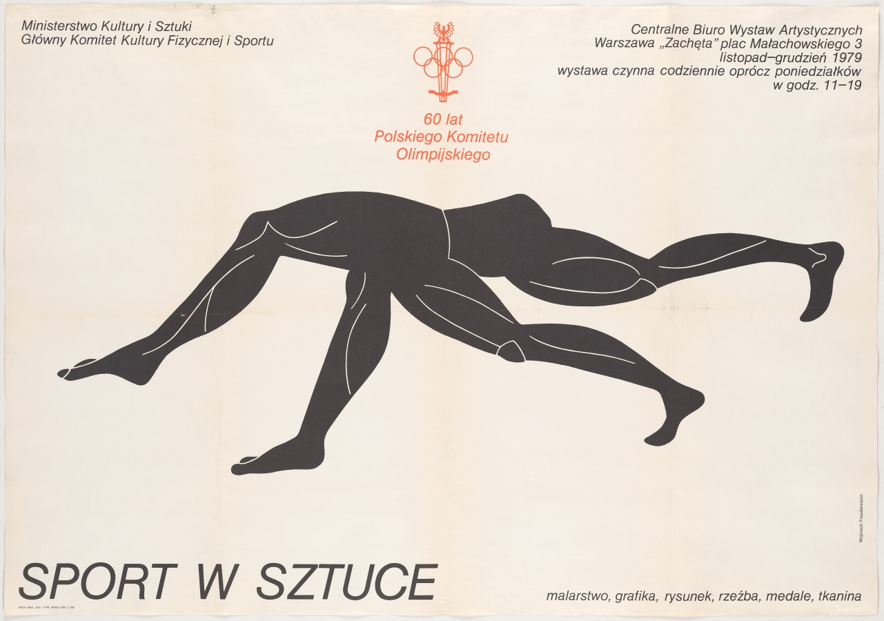 Plakat poziomy. Na białym tle pośrodku prosta czarna grafika przedstawiająca połączone ze sobą cztery umięśnione nogi. Powyżej logo Polskiego Komitetu Olimpijskiego oraz napisy informacyjne. 