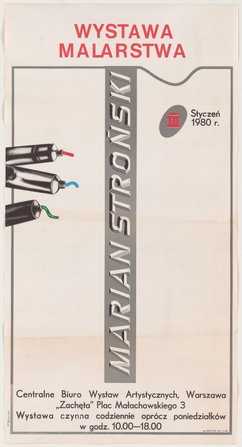 Plakat z prosta kompozycją. Przez środek przebiega pionowy szary pas ze sprawiającym wrażenie metalicznego napisem: Marian Stroński.