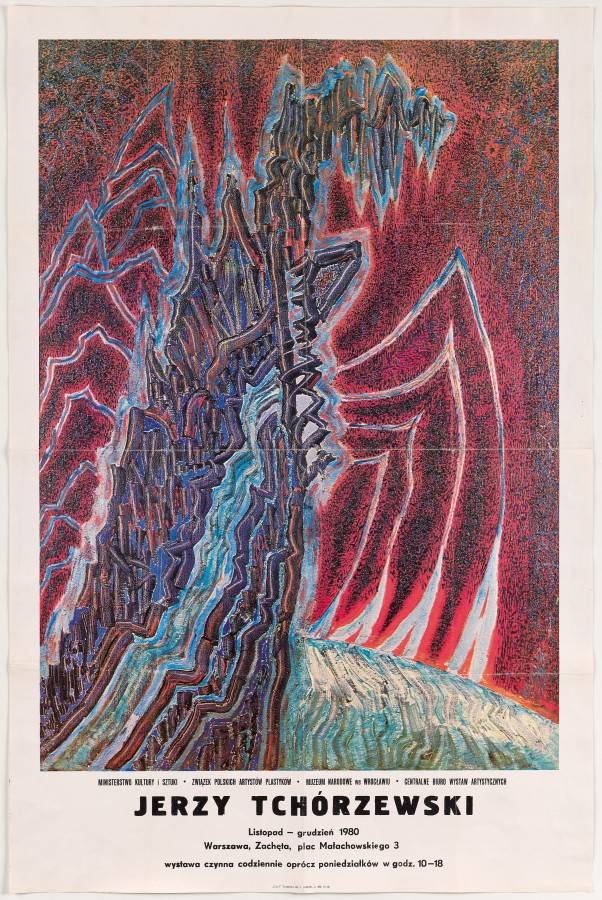 Większą część plakatu zajmuje reprodukcja obrazu: na czerwonym tle błękitno-fioletowy ekspresyjny kształt przypominający nieco skrzydlatego smoka.