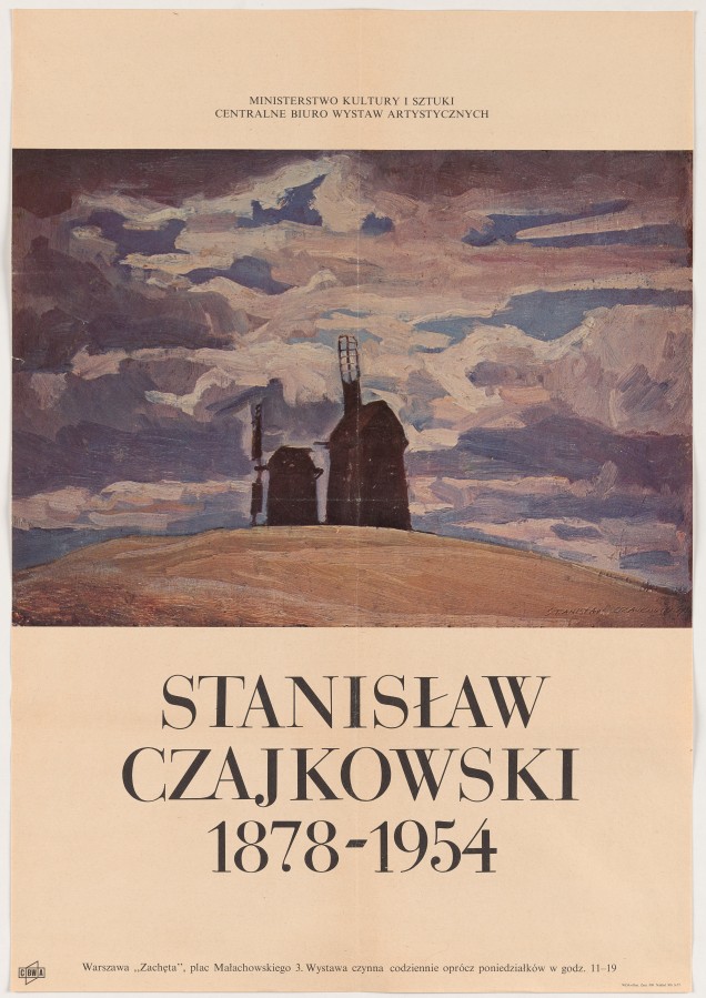 Górną część plakatu zajmuje reprodukcja obrazu: na tle zachmurzonego nieba dwa wiatraki. Poniżej na kremowym tle czarne napisy.