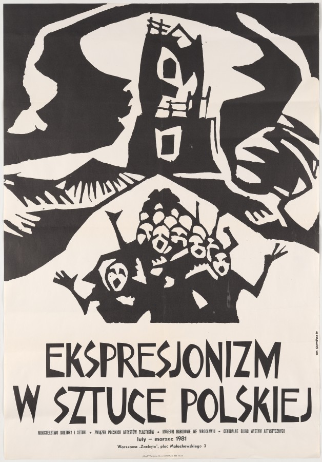 Czarno-biała grafika: uproszczone postaci ludzkie uciekają z ruiny zamku. Poniżej napis: Ekspresjonizm w sztuce polskiej.