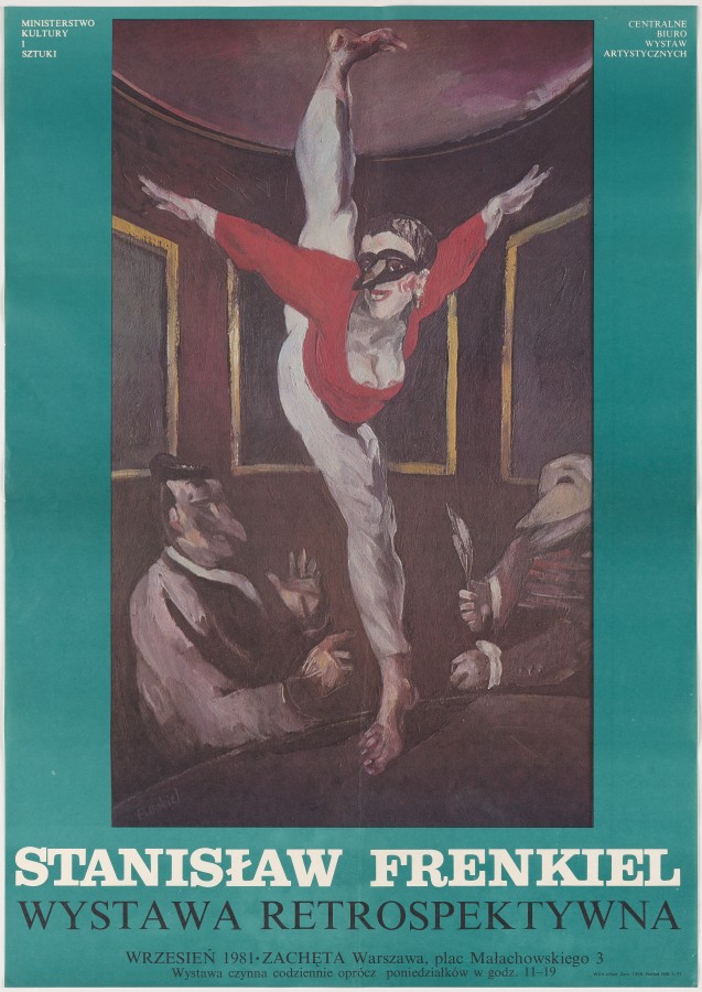 Większą część plakatu zajmuje reprodukcja obrazu: dwie osoby siedzące przy stole, na nim tańczy kobieta w masce na oczy i z bardzo długim nosem.