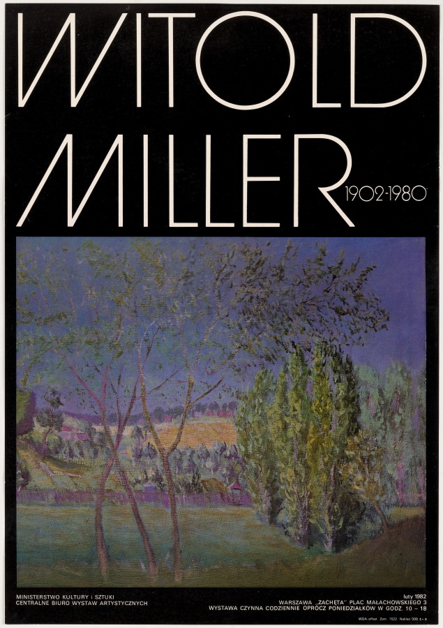 Na dole reprodukcja obrazu: drzewa i krzewy na łące, w tle niebo. Nad obrazem na czarnym tle biały napis: Witold Miller.