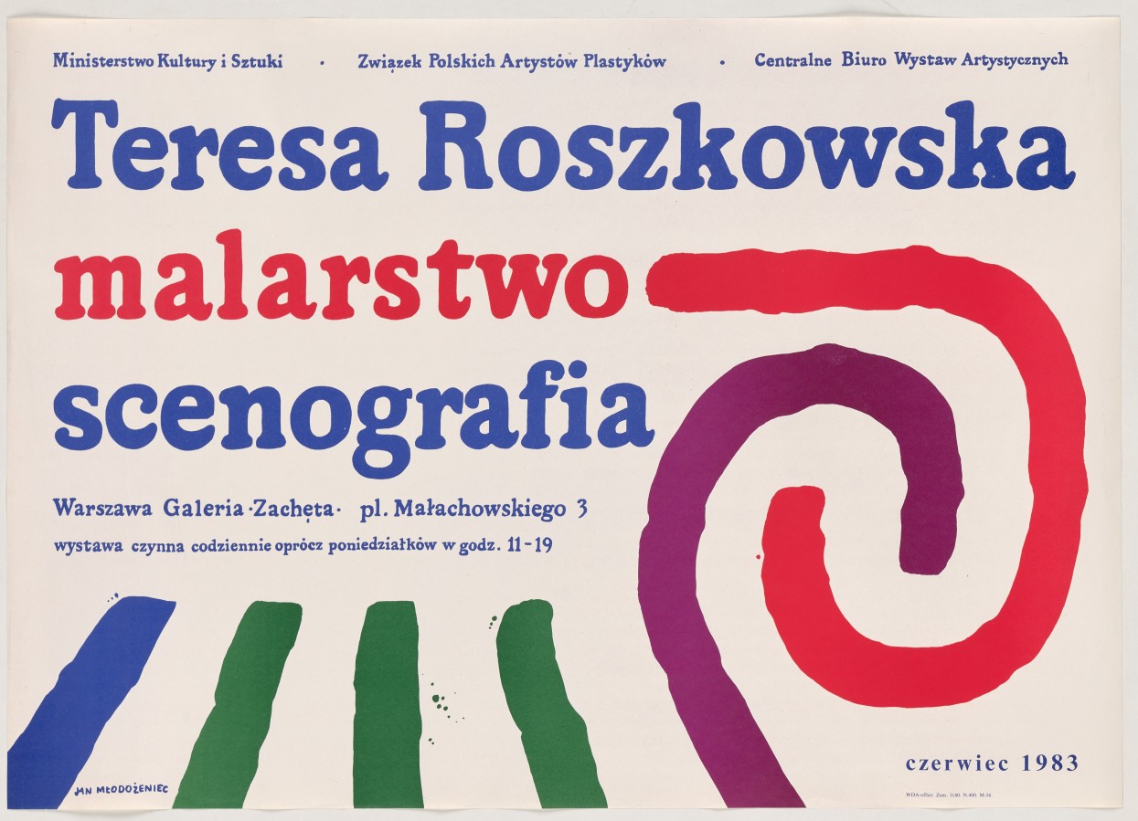 Białe tło. Na nim kolorowe napisy m.in. Teresa Roszkowska malarstwo scenografia. Poniżej kolorowe linie, dwie z nich zwinięte w kształt spirali.
