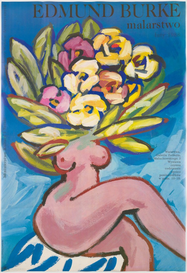 Na niebieskim tle namalowana postać siedzącej nagiej kobiety. W miejscu jej głowy znajduje się ogromny bukiet żółtych i różowych kwiatów.