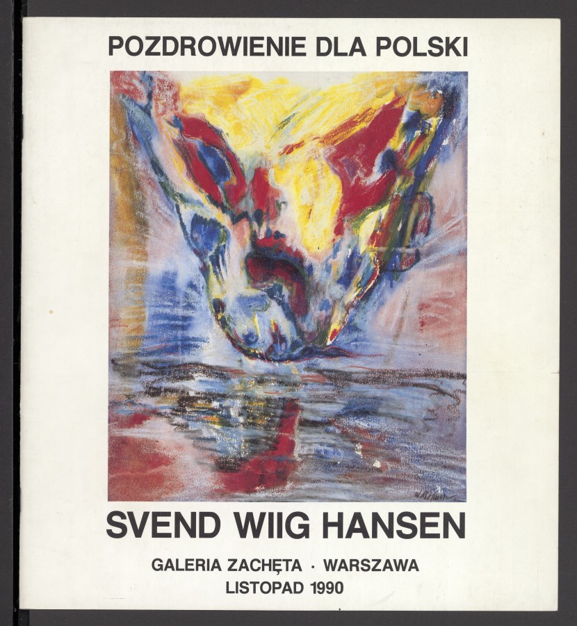 Biała okładka z kolorową reprodukcją abstrakcyjnego obrazu w odcieniach czerwieni, niebieskiego i żółci. W kształtach plam można dostrzec zarys ludzkiej twarzy. Ponad reprodukcją czarnym drukiem tytuł: "Pozdrowienia dla Polski", pod nią imię i nazwisko art