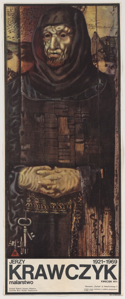 Pionowy podłużny plakat. Na większości obraz Mnicha z palcami dłoni splecionymi na brzuchu i kluczami przy pasie. Pod nim biała ramka z napisami.