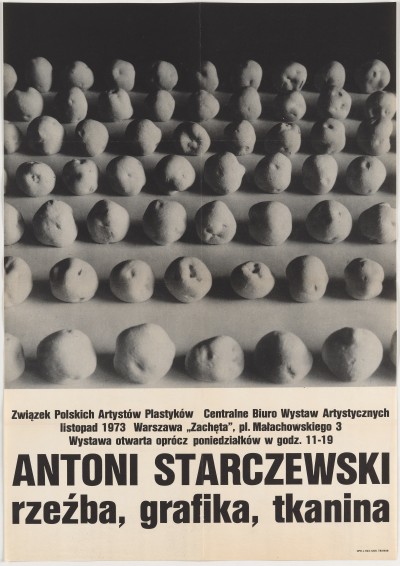 Większą część plakatu od góry zajmuje czarno-białe zdjęcie kilku rzędów równo ułożonych jedno przy drugim niedużych jabłek. Poniżej napisy.