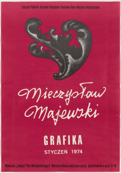 Czerwone tło. Na nim nieregularny kształt przypominający wywinięty liść. Pod nim odręczny napis: Mieczysław Majewski i drukowany: grafiką.