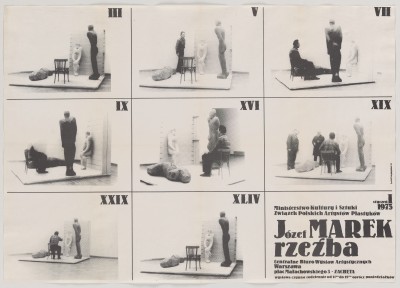 Plakat podzielony na dziewięć jednakowych prostokątów. W prawym dolnym napisy, w reszcie scenki z krzesłem, rzeźbą postaci, kamieniem i ludźmi.