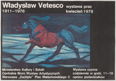 Na czarnym tle nieduża reprodukcja obrazu: po błękitnej przestrzeni galopujący niebiesko-czerwony koń z rozwartym pyskiem. Wyżej i niżej napisy.