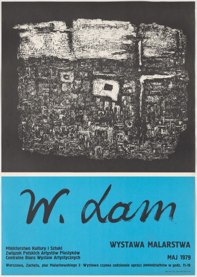 Górną część plakatu zajmuje reprodukcja czarno-białej abstrakcyjnej grafiki. Poniżej na błękitnym tle czarny, stylizowany na odręczny napis "W. Lam" oraz mniejsze napisy informacyjne.