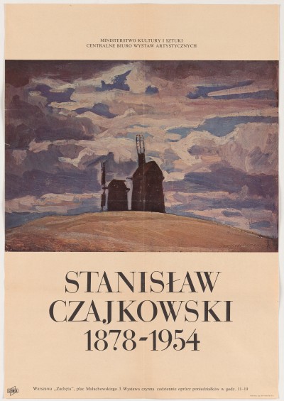Górną część plakatu zajmuje reprodukcja obrazu: na tle zachmurzonego nieba dwa wiatraki. Poniżej na kremowym tle czarne napisy.
