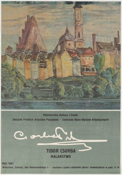 Większą część plakatu zajmuje reprodukcja obrazu przedstawiającego panoramę miasta z kościołami i dachami. Poniżej napisy na zielonkawym tle.