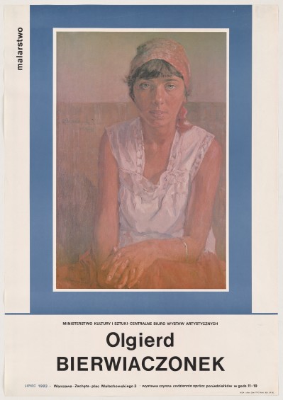Większą część plakatu zajmuje reprodukcja portretu kobiety w białej bluzce z czerwoną chustką zawiązaną na głowie. Wokół reprodukcji niebieska rama.
