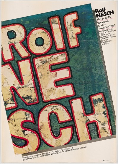 Na zielonkawym tle bardzo duże litery: kremowe, lekko przybrudzone z czerwoną obwódką. Układają się w napis: Rolf Nesch.