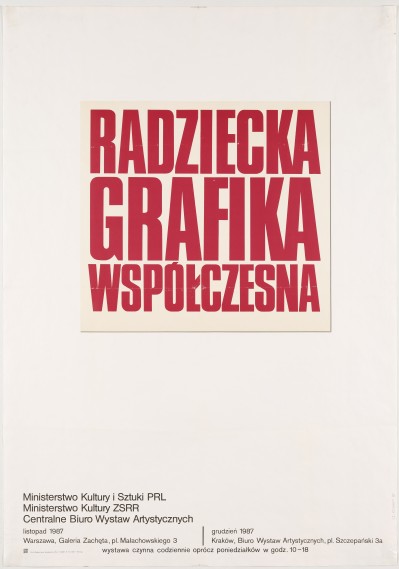 Na białym tle kremowy kwadrat, a w nim czerwony napis: radziecka grafika współczesna. Na dole plakatu czarne napisy.