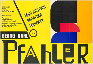 Na żółtym tle nieregularne litery układające się w napis: Pfahler. Powyżej czarne napisy, po prawej kolorowe nieregularne figury geometryczne.