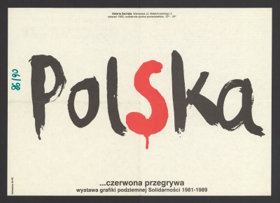 Plakat w poziomie. Pośrodku duże słowo "Polska" jakby napisane grubym pędzlem. Czarne litery, jedynie "s" czerwone z imitacją strużki ściekającej farby. U góry czarnym drukiem miejsce i data. U dołu tytuł wystawy. Na drugiej stronie tytuł u góry. Przy doln